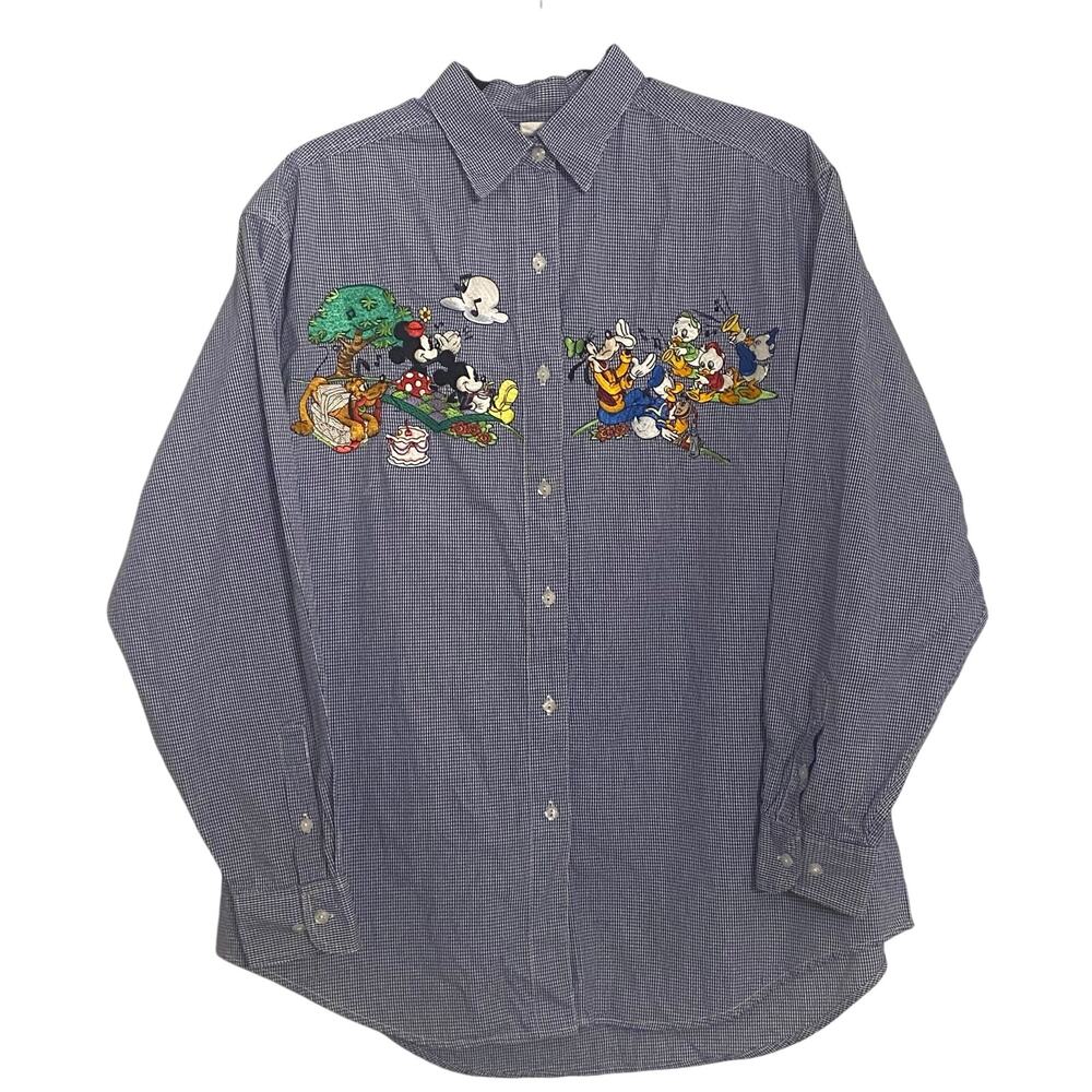 Vintage Disney Store Shirt Large Mickey Friends Embroidered Gingham Button Up